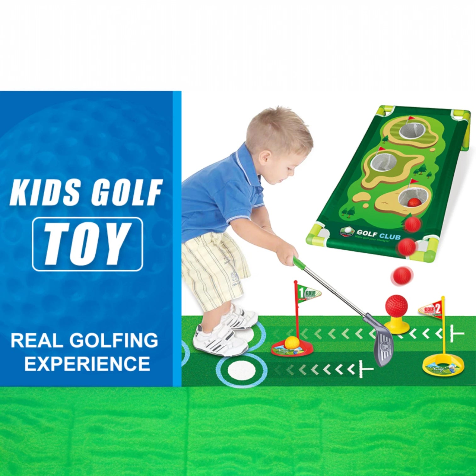 Kids Golf Play Set with Adjustable Clubs & Cornhole Board – Indoor & Outdoor Golf Toy with 9 Balls, Practice Holes & Mat | Sports Toss Game for Toddlers Ages 3–7