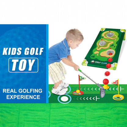 Kids Golf Play Set with Adjustable Clubs & Cornhole Board – Indoor & Outdoor Golf Toy with 9 Balls, Practice Holes & Mat | Sports Toss Game for Toddlers Ages 3–7