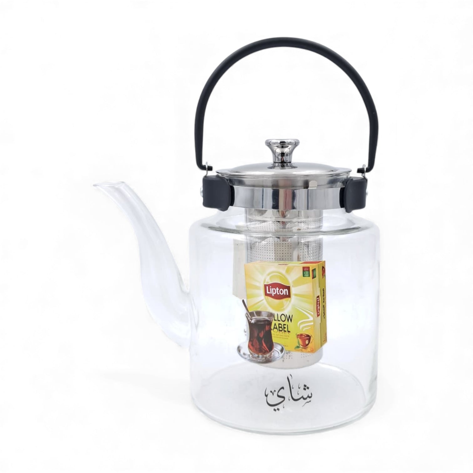 Pyrex Glass Teapot with Stainless Steel Infuser | Heat-Resistant Clear Tea Kettle with Black Handle for Family Use | Borosilicate Teapot for Karak, Tea & Coffee Brewing