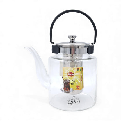 Pyrex Glass Teapot with Stainless Steel Infuser | Heat-Resistant Clear Tea Kettle with Black Handle for Family Use | Borosilicate Teapot for Karak, Tea & Coffee Brewing
