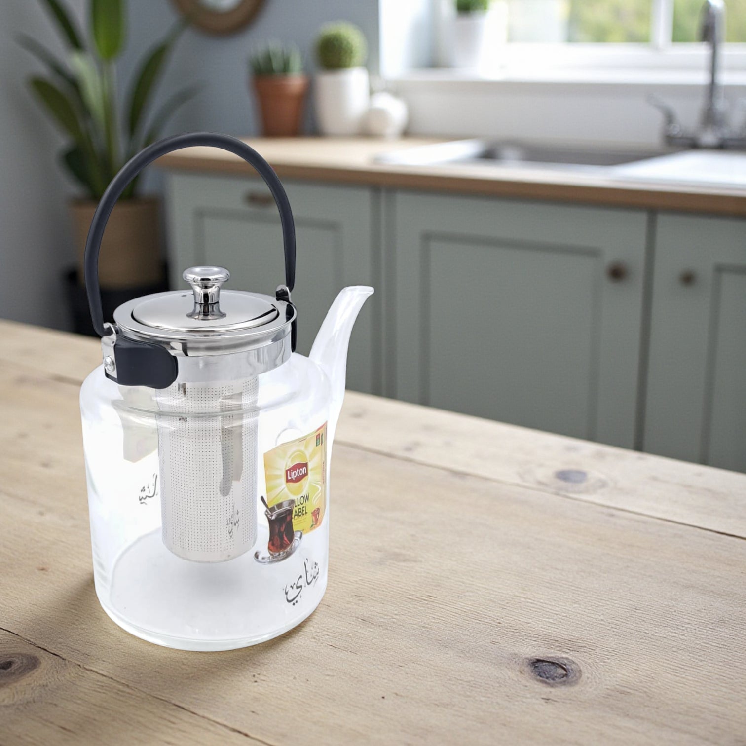Pyrex Glass Teapot with Stainless Steel Infuser | Heat-Resistant Clear Tea Kettle with Black Handle for Family Use | Borosilicate Teapot for Karak, Tea & Coffee Brewing