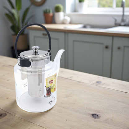 Pyrex Glass Teapot with Stainless Steel Infuser | Heat-Resistant Clear Tea Kettle with Black Handle for Family Use | Borosilicate Teapot for Karak, Tea & Coffee Brewing