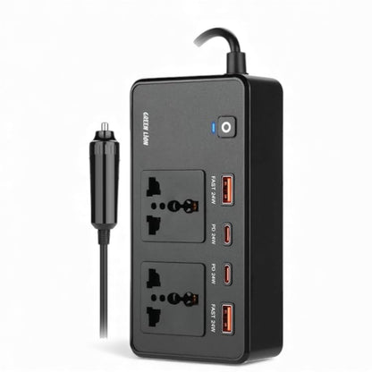 محول طاقة للسيارة Green Lion GC-200 - 200 واط، مزود بمقبسين للتيار المتردد، ومنفذي USB-A، ومنفذي USB-C | شحن سريع PD بقوة 24 واط | من 12 فولت إلى 220 فولت | محطة طاقة متنقلة لأجهزة الكمبيوتر المحمولة والهواتف وملحقات السيارات 