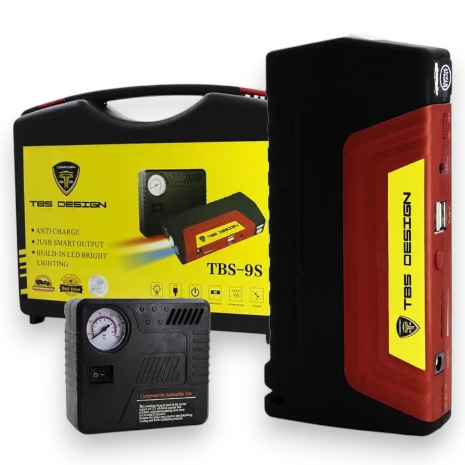 TBS DESIGN TBS-9S Portable Car Jump Starter Power Bank – Multi-Function Emergency Battery Booster with Air Compressor, Dual USB Smart Output, LED Flashlight – Compact Auto & Outdoor Power Supply - Damoo