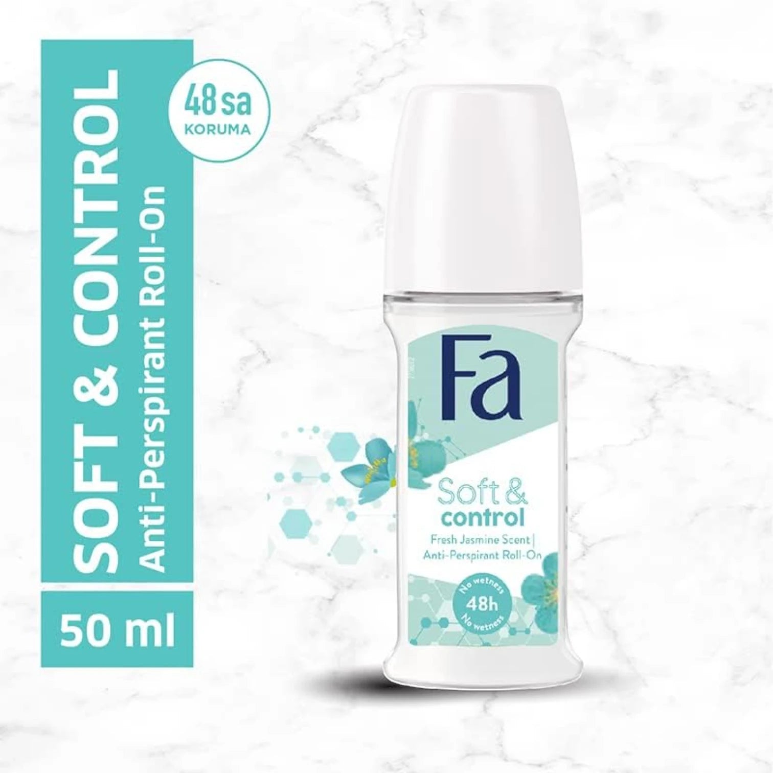 Fa Women’s Soft & Control Roll-On Deodorant – Fresh Jasmine Scent, 48H Anti-Perspirant Protection, Gentle on Skin, 50ml - Damoo