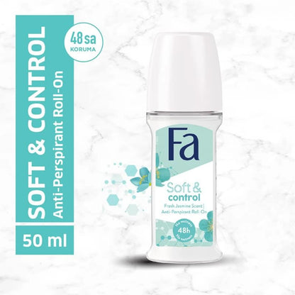 Fa Women’s Soft & Control Roll-On Deodorant – Fresh Jasmine Scent, 48H Anti-Perspirant Protection, Gentle on Skin, 50ml - Damoo