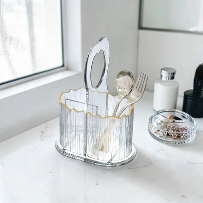 Orchid Acrylic Cutlery Holder with 2 Compartments, Gold Trim Utensil Organizer Stand for Spoons Forks Knives & Napkins, Multi-Purpose Kitchen Countertop Storage Caddy - Damoo