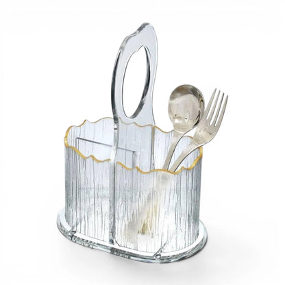 Orchid Acrylic Cutlery Holder with 2 Compartments, Gold Trim Utensil Organizer Stand for Spoons Forks Knives & Napkins, Multi-Purpose Kitchen Countertop Storage Caddy - Damoo