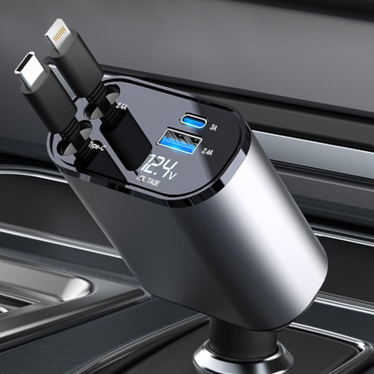 BWOO 4-in-1 Retractable Fast Car Charger 120W – Type-C + Lightning Cables with USB-A & USB-C Ports, Digital Display, 800mm Pull-Out Cable, Compatible with iPhone 15/14/13, Samsung Galaxy, Tablets & More