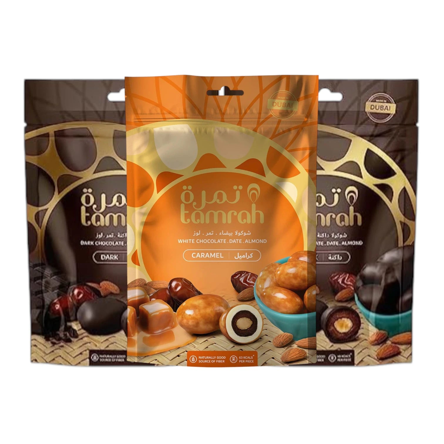 Tamrah Chocolate Dates Combo Pack – Caramel & Dark Chocolate with Almonds | Premium Chocolate-Coated Dates – Best Offer Pack (3 Bags) - Damoo