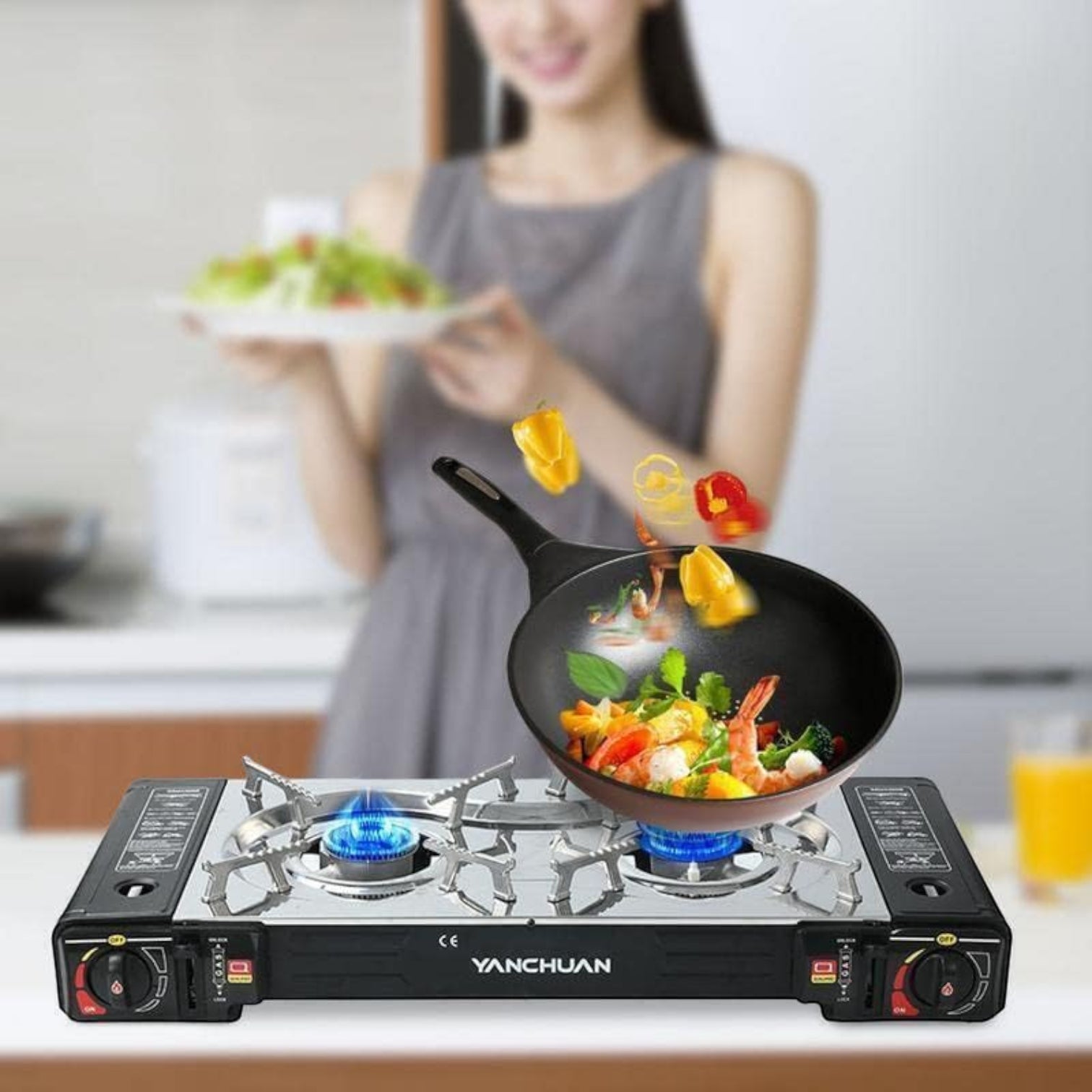 Gaskocher Double Burner Portable Camping Gas Stove – Lightweight Outdoor Gas Cooker with Automatic Ignition, Enamel Pan Holder, and High Heat Output – Ideal for Home, Camping & Picnics