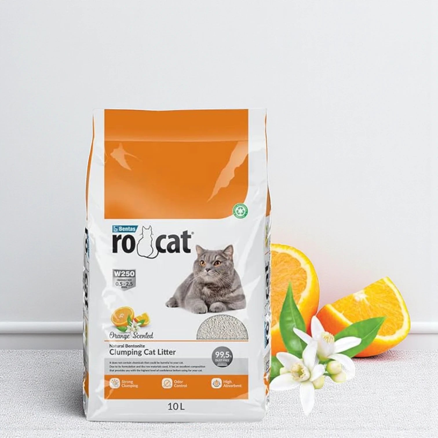 RoCat Natural White Bentonite Clumping Cat Litter – Orange Scented – 10L | Ultra Absorbent, Fast Clumping, Odor-Free, 99% Dust-Free Cat Litter - Damoo