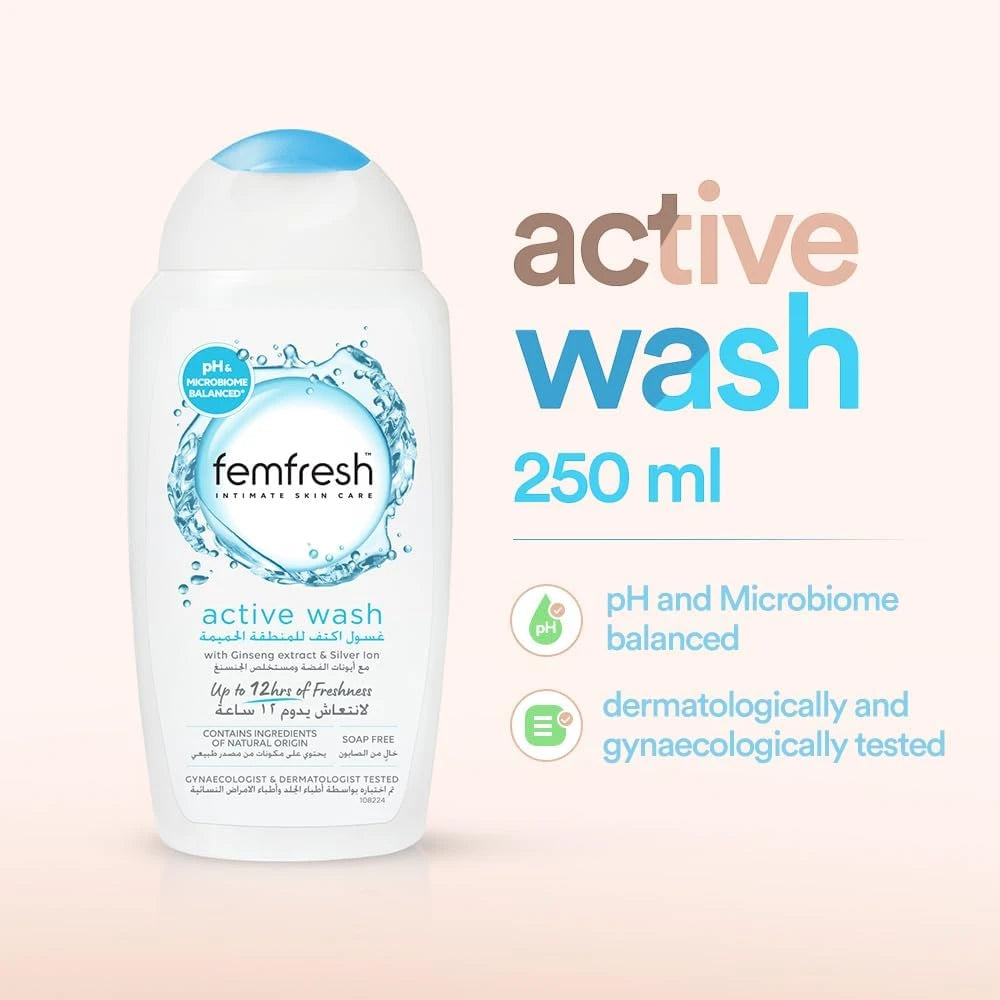 Femfresh Intimate Skincare Ultimate Care Active Fresh Wash for Women, Soap-Free pH-Balanced Daily Intimate Cleanser with Calendula & Mallow Extracts, Dermatologically & Gynaecologically Tested – 250ml - Damoo