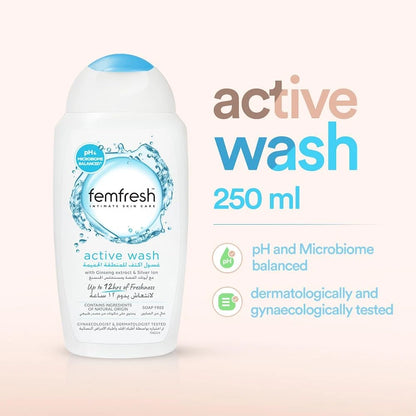 Femfresh Intimate Skincare Ultimate Care Active Fresh Wash for Women, Soap-Free pH-Balanced Daily Intimate Cleanser with Calendula & Mallow Extracts, Dermatologically & Gynaecologically Tested – 250ml - Damoo