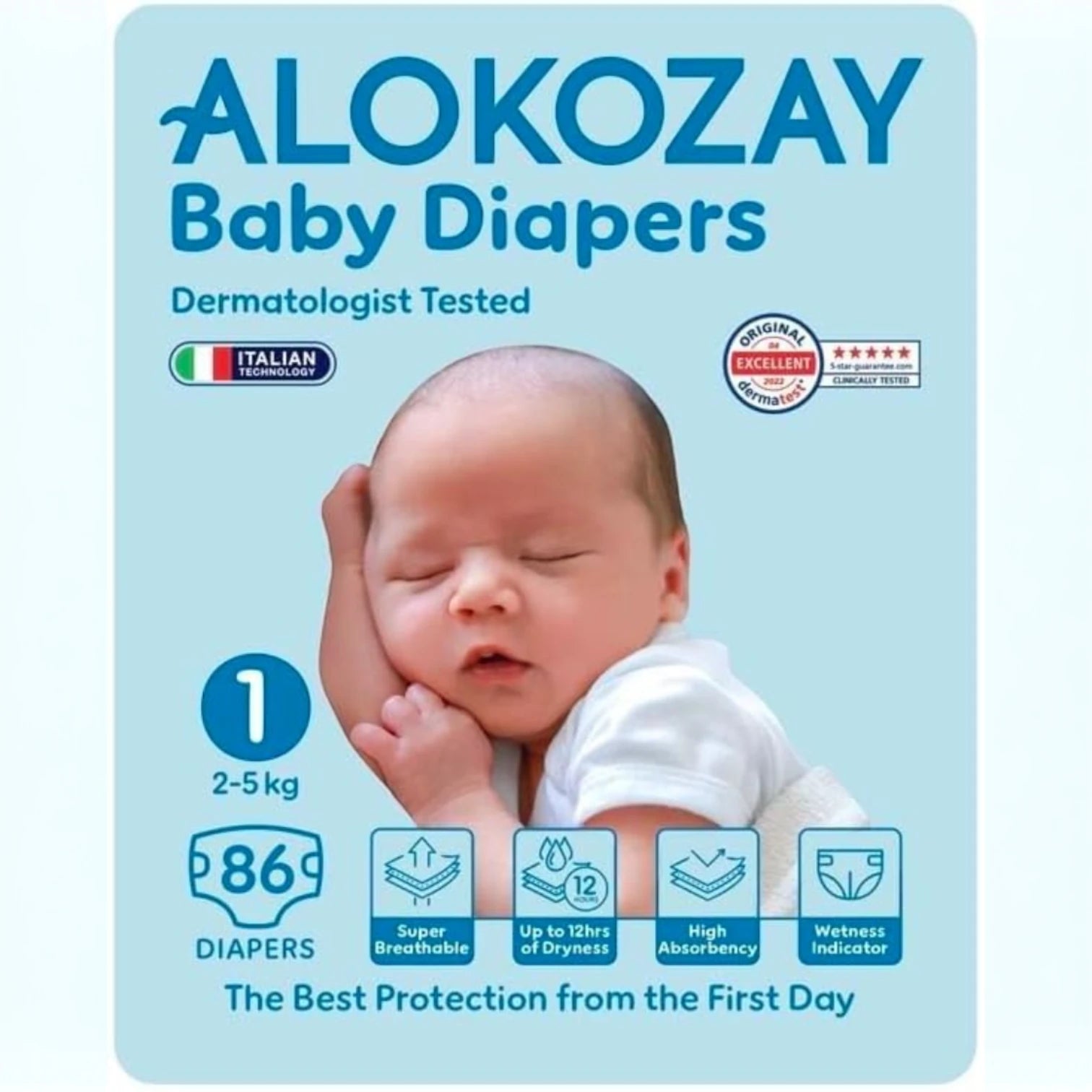 Alokozay Premium Baby Diapers Size 1 – 86 Count | For 2–5kg Newborns | 12-Hour Dryness, Leak Protection & Soft Fit - Damoo