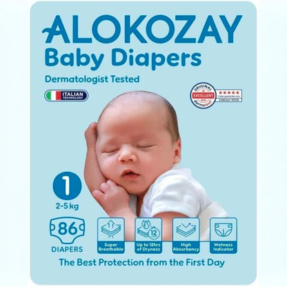 Alokozay Premium Baby Diapers Size 1 – 86 Count | For 2–5kg Newborns | 12-Hour Dryness, Leak Protection & Soft Fit - Damoo