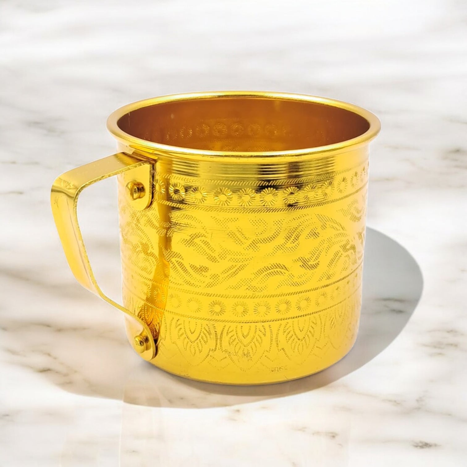 Gold Embossed Aluminum Mug with Handle – Traditional Majlis Tea & Water Cup – Durable Outdoor Camping Drinkware (H 8cm × L 11cm × W 9cm) - Damoo