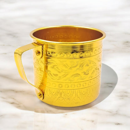 Gold Embossed Aluminum Mug with Handle – Traditional Majlis Tea & Water Cup – Durable Outdoor Camping Drinkware (H 8cm × L 11cm × W 9cm) - Damoo