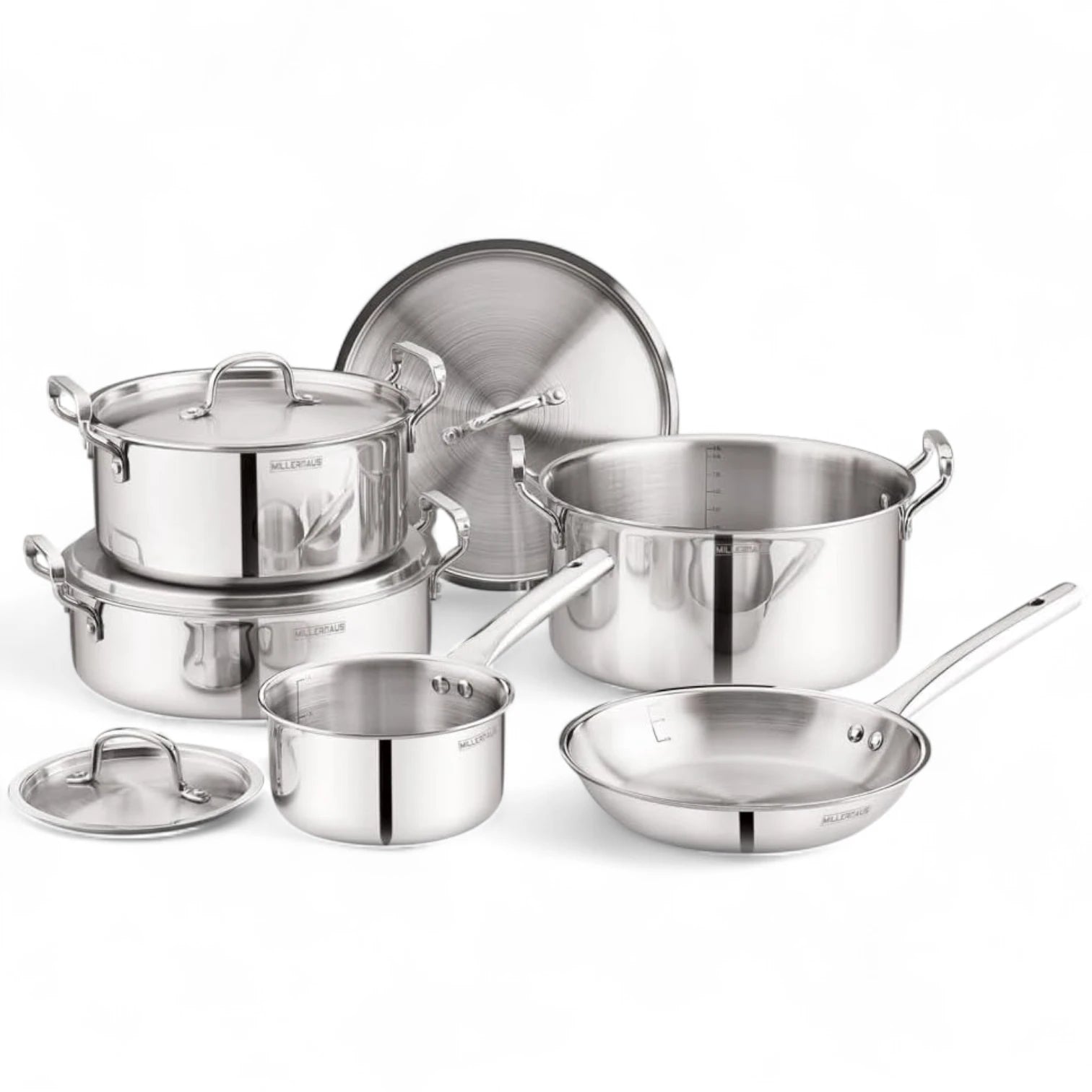 Millerhaus 9-Piece Stainless Steel Cookware Set – Premium 18/10 Steel, Saucepan, Frypan, Casseroles & Deep Pot with Lids, Durable & Induction Ready (MHIN-0832) - Damoo
