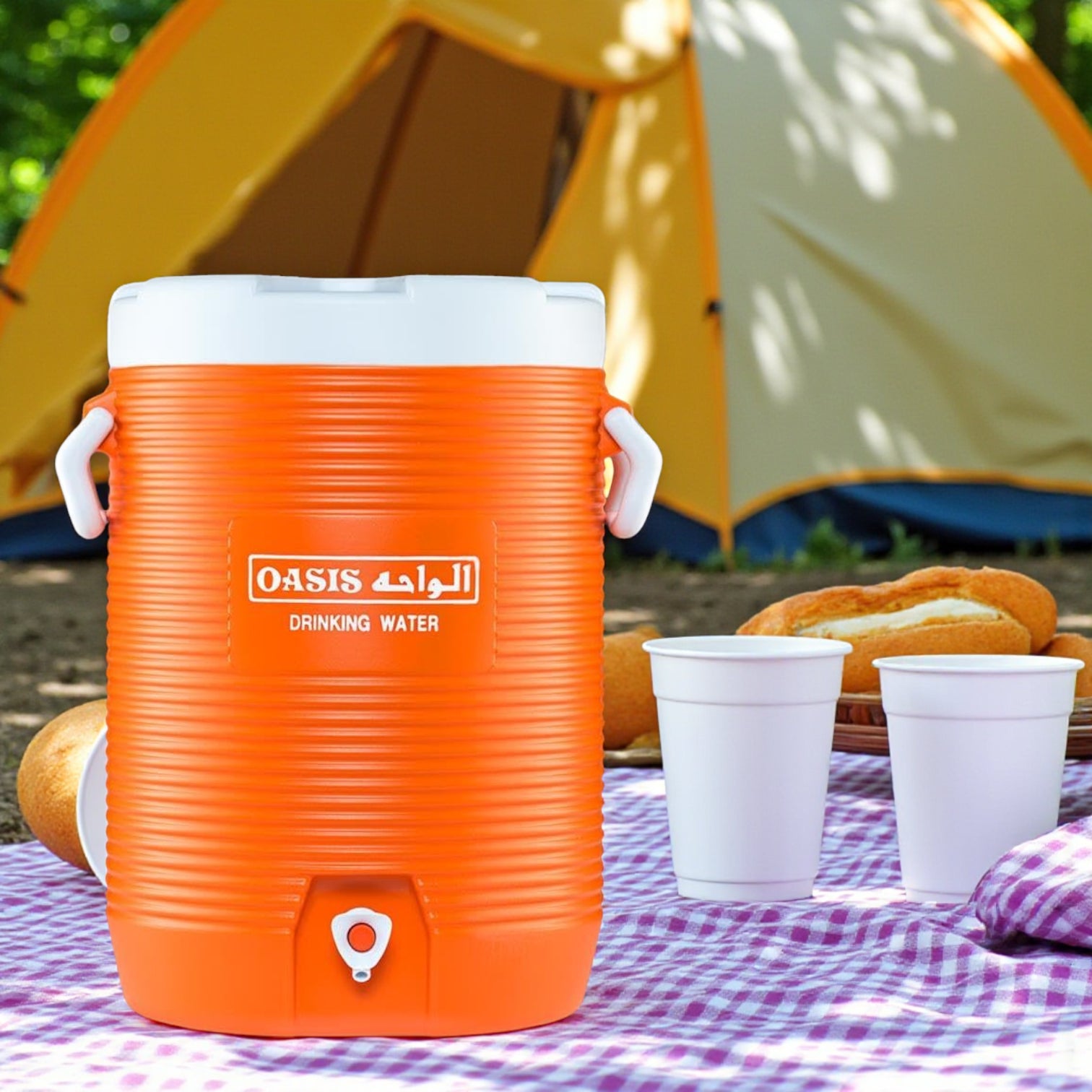 OASIS Orange Water Cooler with Leak-Proof Tap – Insulated Beverage Dispenser with Easy Carry Handle for Outdoor Events, Picnics, Parties & Camping - Damoo
