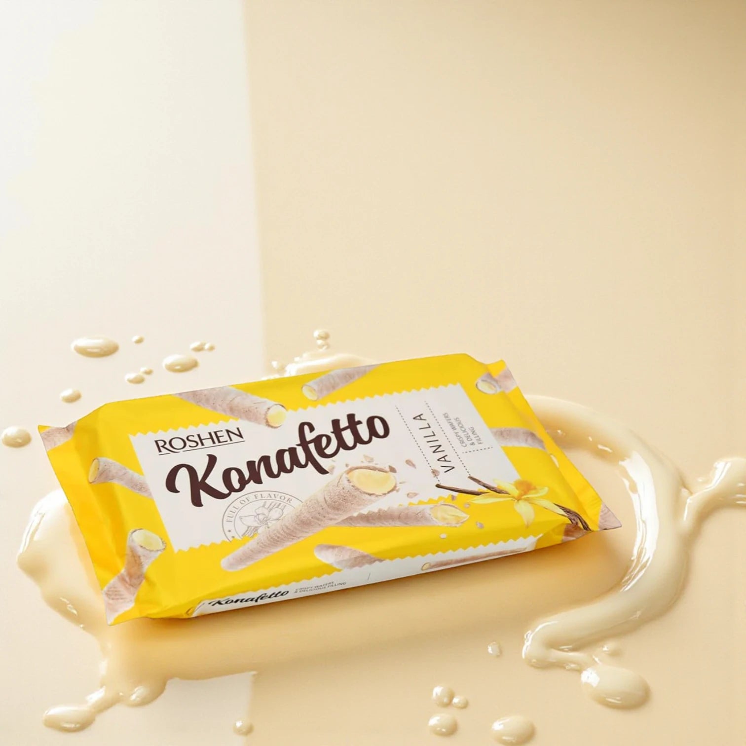 Roshen Konafetto Wafer Rolls with Vanilla-Cream Filling – 3 x 140g | Crispy Rolled Wafers with Smooth Vanilla Cream | Kosher & Halal | No Preservatives or Food Colors - Damoo