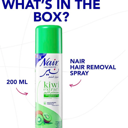 Nair Hair Remover Spray with Kiwi Extract & Baby Oil – 200ml Aerosol for Smooth Skin – Dye & Paraben Free - Damoo