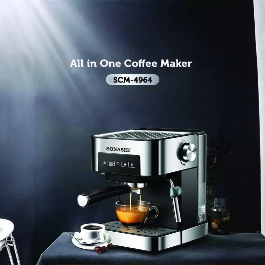Sonashi All-in-One Coffee Machine – 850W Espresso Maker with Touch Control Panel, 15 Bar Pressure, 1L Removable Water Tank, Steam Nozzle & Overheat Protection – Countertop Coffee Maker for Home & Office - SCM-4964 - Damoo