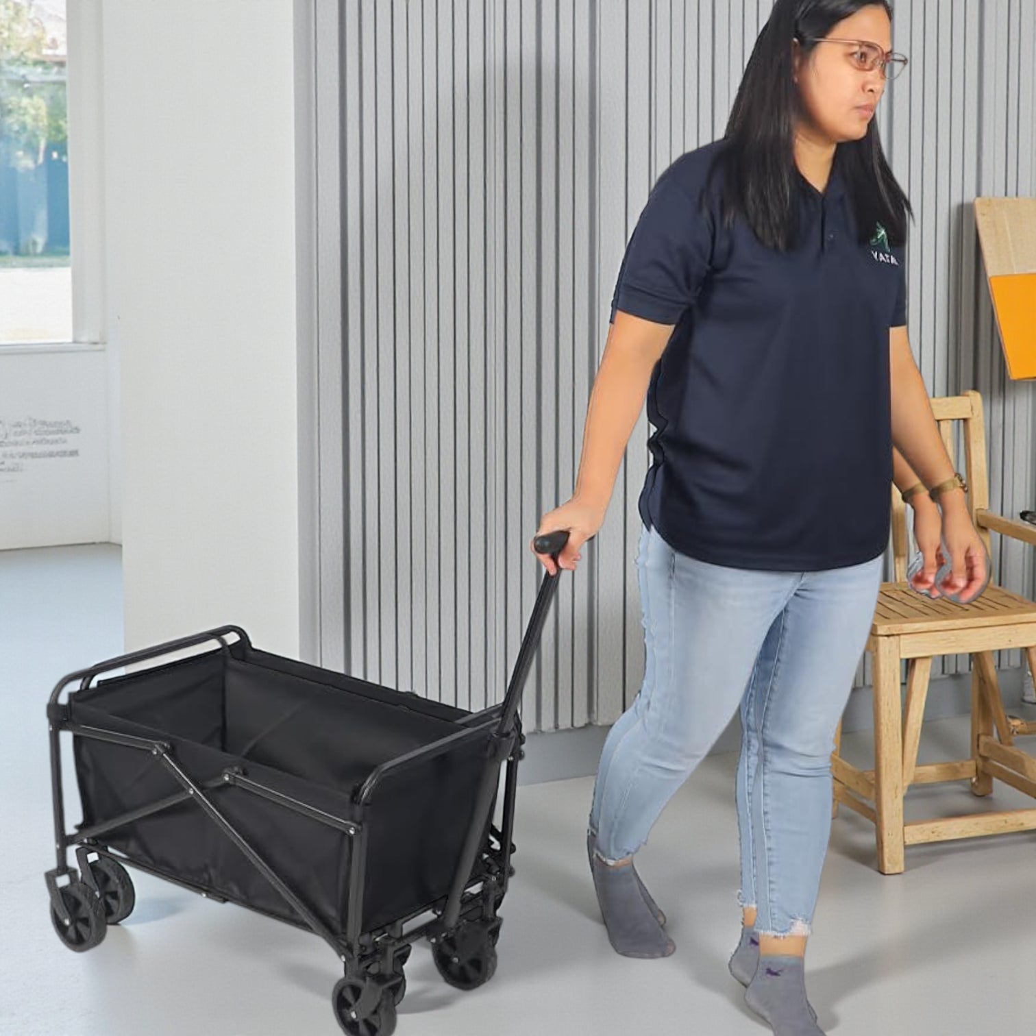 Foldable Utility Wagon Cart with Adjustable Handle – Heavy-Duty Collapsible Outdoor Trolley with Large Wheels for Camping, Picnic, Beach, Garden & Shopping – Portable Storage Wagon Black - Damoo