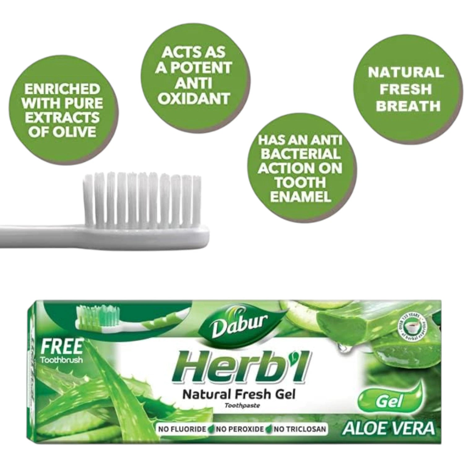 Dabur Herbal Aloe Vera Germ Kill Toothpaste 150g with Eco-Friendly Toothbrush – Natural Antibacterial Protection - Fluoride-Free, Triclosan-Free, Peroxide-Free – For Fresh Breath, Strong Gums & Cavity Control - Damoo