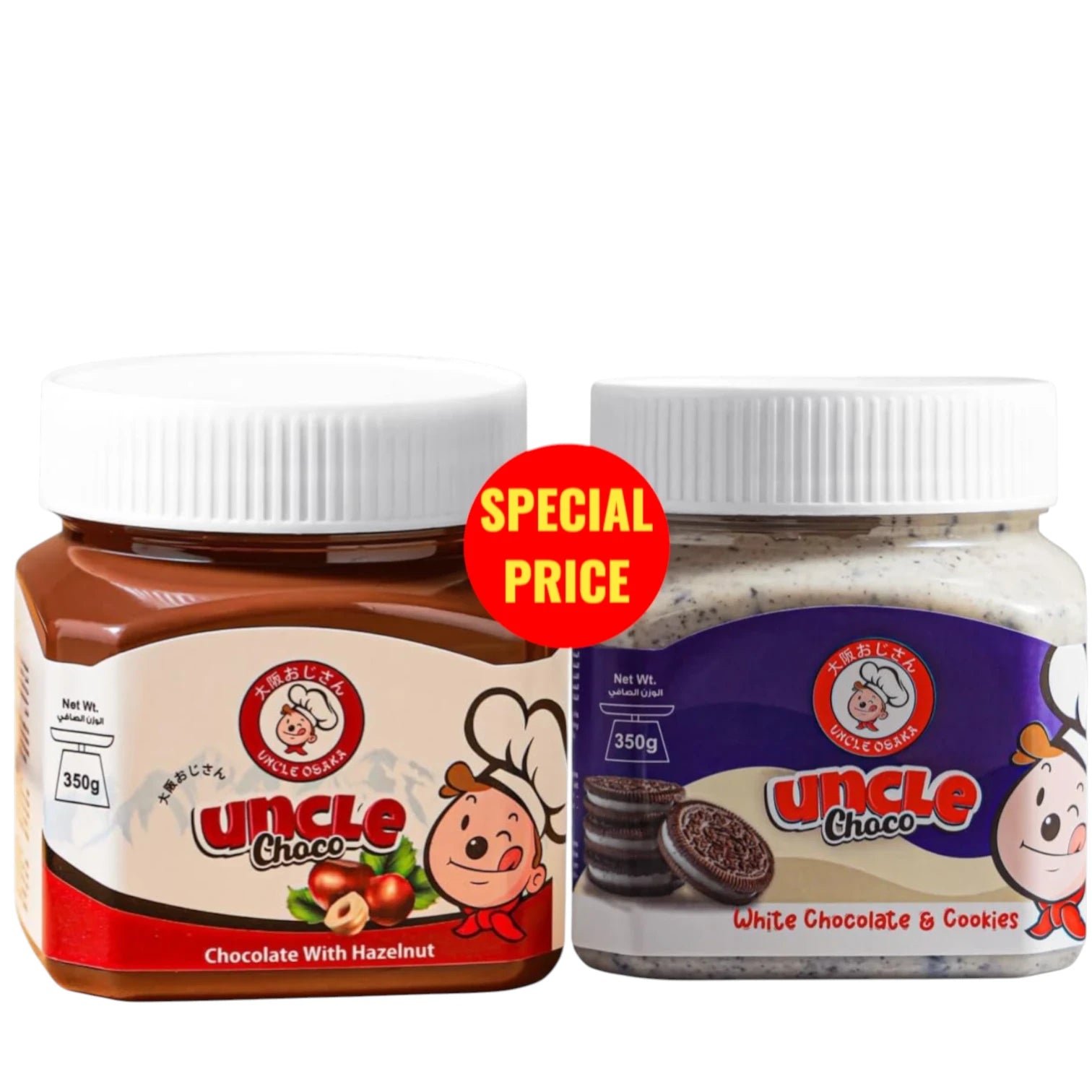 Uncle Choco Spread Duo – White Chocolate & Cookies + Hazelnut Chocolate Spread – 2 x 350g Jars | Creamy & Crunchy Delight - Damoo