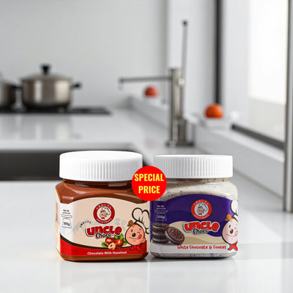 Uncle Choco Spread Duo – White Chocolate & Cookies + Hazelnut Chocolate Spread – 2 x 350g Jars | Creamy & Crunchy Delight - Damoo