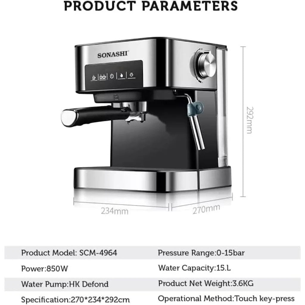 Sonashi All-in-One Coffee Machine – 850W Espresso Maker with Touch Control Panel, 15 Bar Pressure, 1L Removable Water Tank, Steam Nozzle & Overheat Protection – Countertop Coffee Maker for Home & Office - SCM-4964 - Damoo