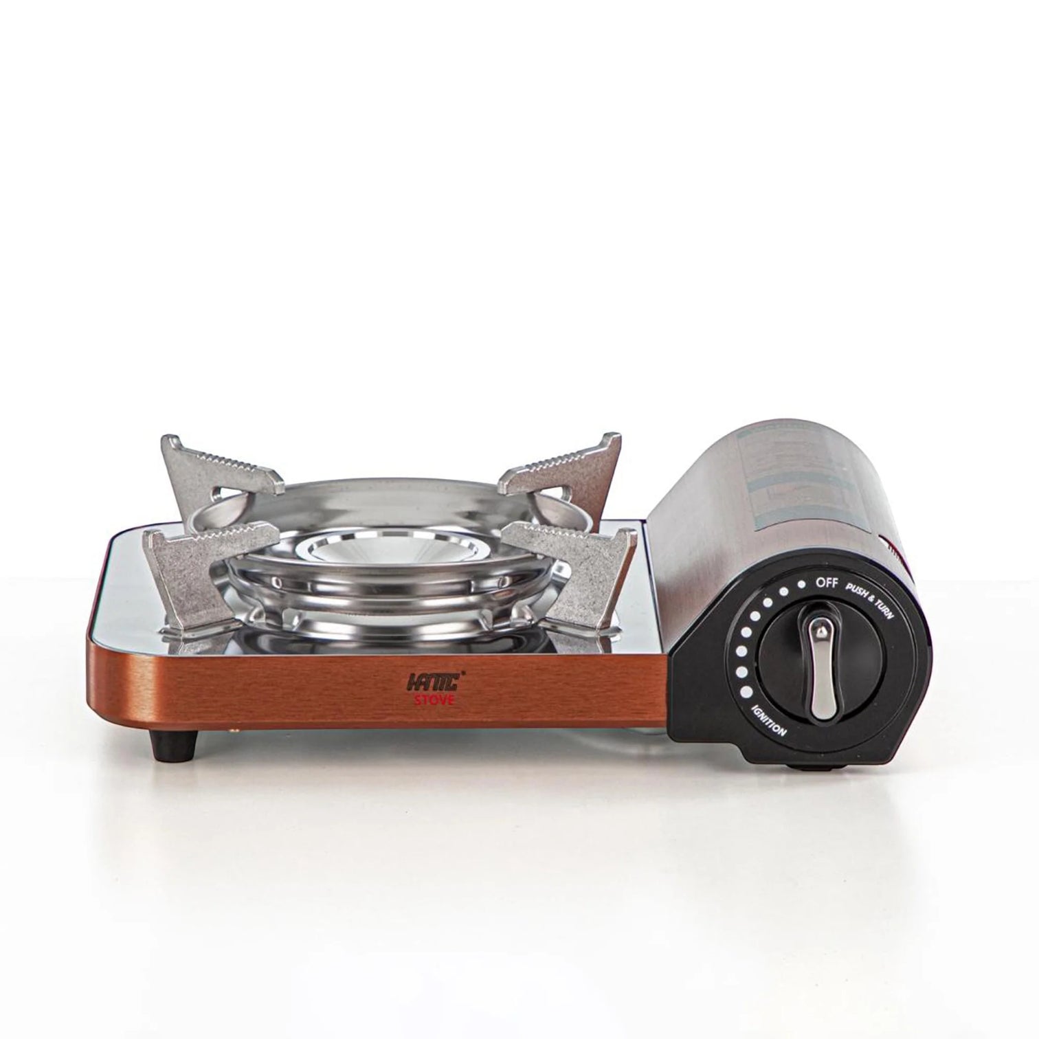 HANTC MS-N7M Portable Gas Stove – Deluxe Aluminum Single Burner with Champagne Brush Finish, Magnetic Locking Regulator & Auto Ignition – Compact Butane Gas Cooker for Camping, BBQ, and Outdoor Cooking