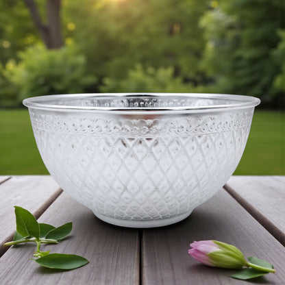 Luxury Engraved Serving Bowl 23cm – Silver & Gold | Premium Decorative Food Bowl for Rice, Salad, Curry & Fruits | Traditional Tableware for Home, Parties, Weddings & Gifting