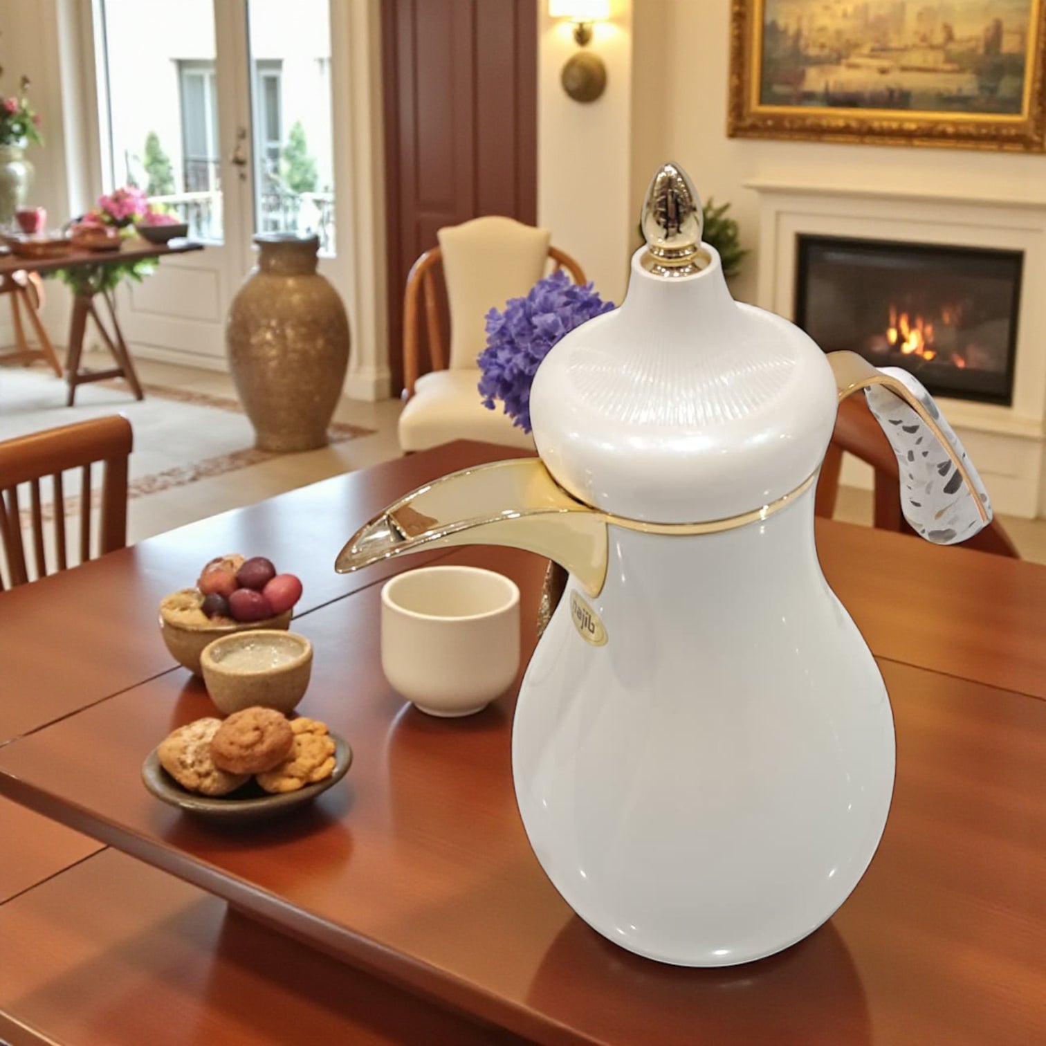 Najib Modern Style Vacuum Flask Set – 0.7L & 1.0L White Silver & White Gold Thermos Duo, Elegant Face Design, Double-Wall Insulated Jugs for Hot & Cold Beverages, Leak-Proof Lid & Ergonomic Handle - Damoo