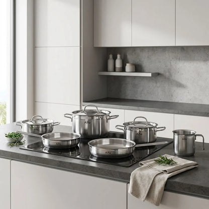 Alfa 15 Pieces Premium Stainless Steel Cookware Set – Induction Base, Silver Pots and Pans with 2.0–12L Capacities