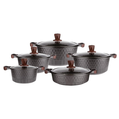 VOGATI (Mega Series) 10 pcs Cookware Set in Grey – Casserole Pots 20/24/28/32cm, Shallow Casserole 28cm Kitchen Cooking Set