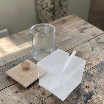 Acrylic Sugar Bowl with Wooden Lid & Spoon, Clear Kitchen Storage Container (11H x 9L x 9W CM), Multipurpose Condiment Jar - Damoo