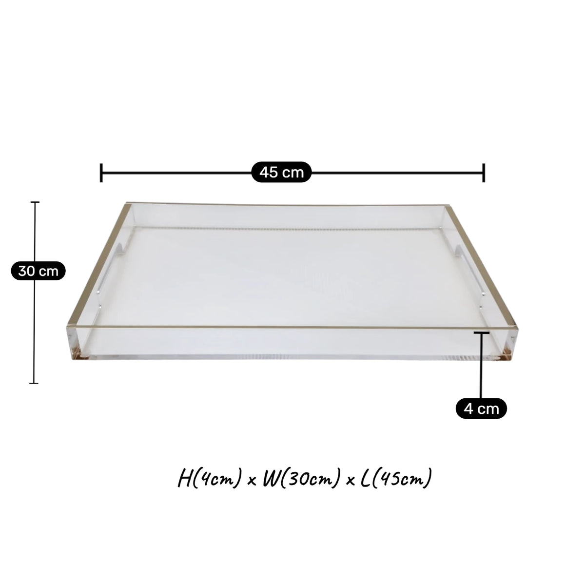 Clear Acrylic Serving Tray with Gold & Silver Edge Design – Modern Rectangular Organizer Tray (4H x 45L x 30W CM) - Damoo