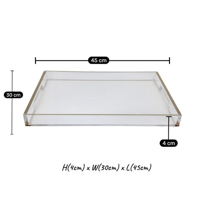 Clear Acrylic Serving Tray with Gold & Silver Edge Design – Modern Rectangular Organizer Tray (4H x 45L x 30W CM) - Damoo
