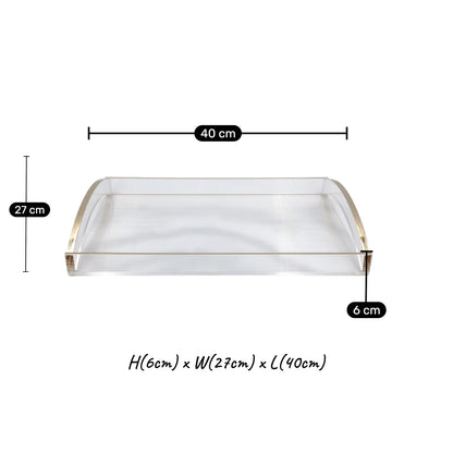 Modern Acrylic Serving Tray with Gold & Silver Arc Handles – Clear Ribbed Organizer Tray (6H x 40L x 27W CM) - Damoo
