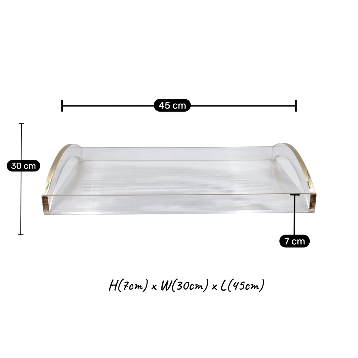 Modern Acrylic Serving Tray with Gold & Silver Handle Design – Clear Rectangular Organizer Tray (7H x 45L x 30W CM) - Damoo