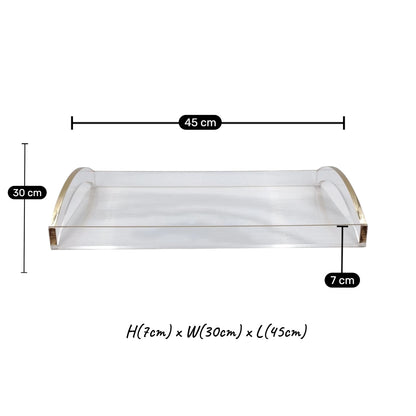 Modern Acrylic Serving Tray with Gold & Silver Handle Design – Clear Rectangular Organizer Tray (7H x 45L x 30W CM) - Damoo