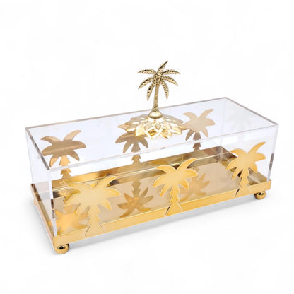 صندوق زخرفي فاخر على شكل شجرة نخيل من الأكريليك والذهب - صينية تخزين أنيقة مع غطاء وقاعدة ذهبية وتصميم نخلة (الارتفاع 16 سم × العرض 10 سم × الطول 24.5 سم)  
