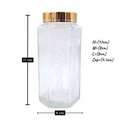 Pasabahce Homemade Glass Storage Jar with Golden Lid – Clear & Gold Airtight Food Container for Kitchen, Spices, Dry Goods – Premium Embossed Design (17H x 8W × 8L CM | Cap 4.5 CM) - Damoo