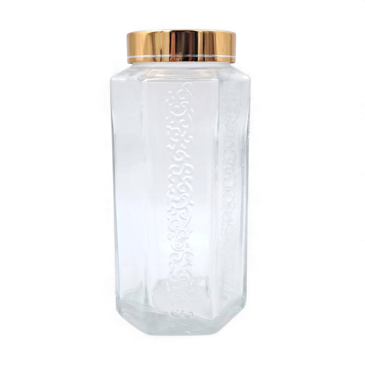 Pasabahce Homemade Glass Storage Jar with Golden Lid – Clear & Gold Airtight Food Container for Kitchen, Spices, Dry Goods – Premium Embossed Design (17H x 8W × 8L CM | Cap 4.5 CM) - Damoo