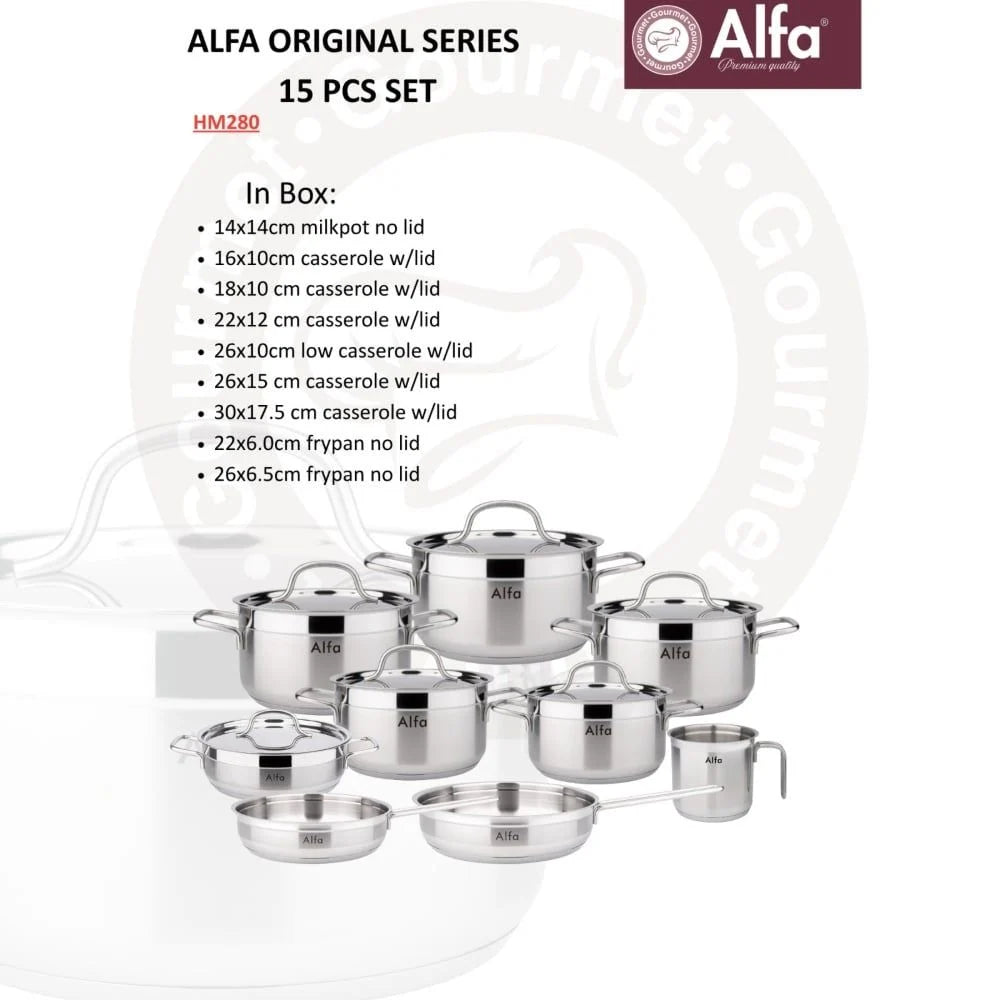 Alfa 15 Pieces Premium Stainless Steel Cookware Set – Induction Base, Silver Pots and Pans with 2.0–12L Capacities