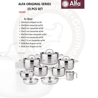 Alfa 15 Pieces Premium Stainless Steel Cookware Set – Induction Base, Silver Pots and Pans with 2.0–12L Capacities