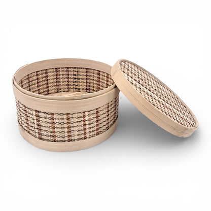 Decorative Handwoven Bamboo Storage Box with Lid – Natural Art Craft Bamboo Box (12.5H x 20L × 20W CM) - Damoo