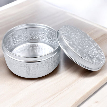 Engraved Aluminum Storage Container with Lid – Traditional Middle Eastern Decorative Box for Spices, Jewelry & Dry Foods (H 8cm × L 15cm × W 15cm) - Damoo
